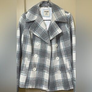 Old Navy Women's Gray and White Plaid Pea Coat